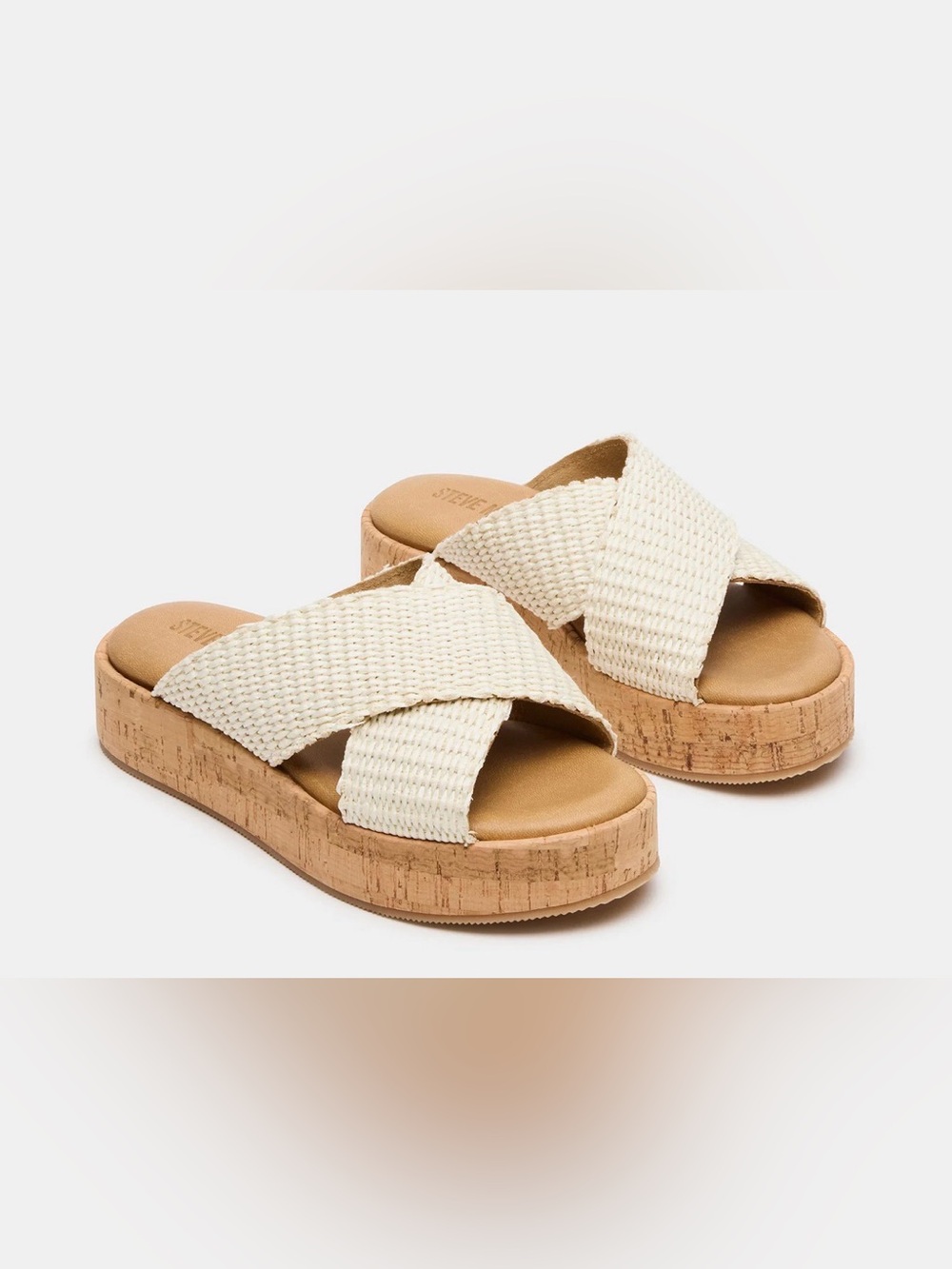 Steve Madden Cream Woven Cork Platform Slides